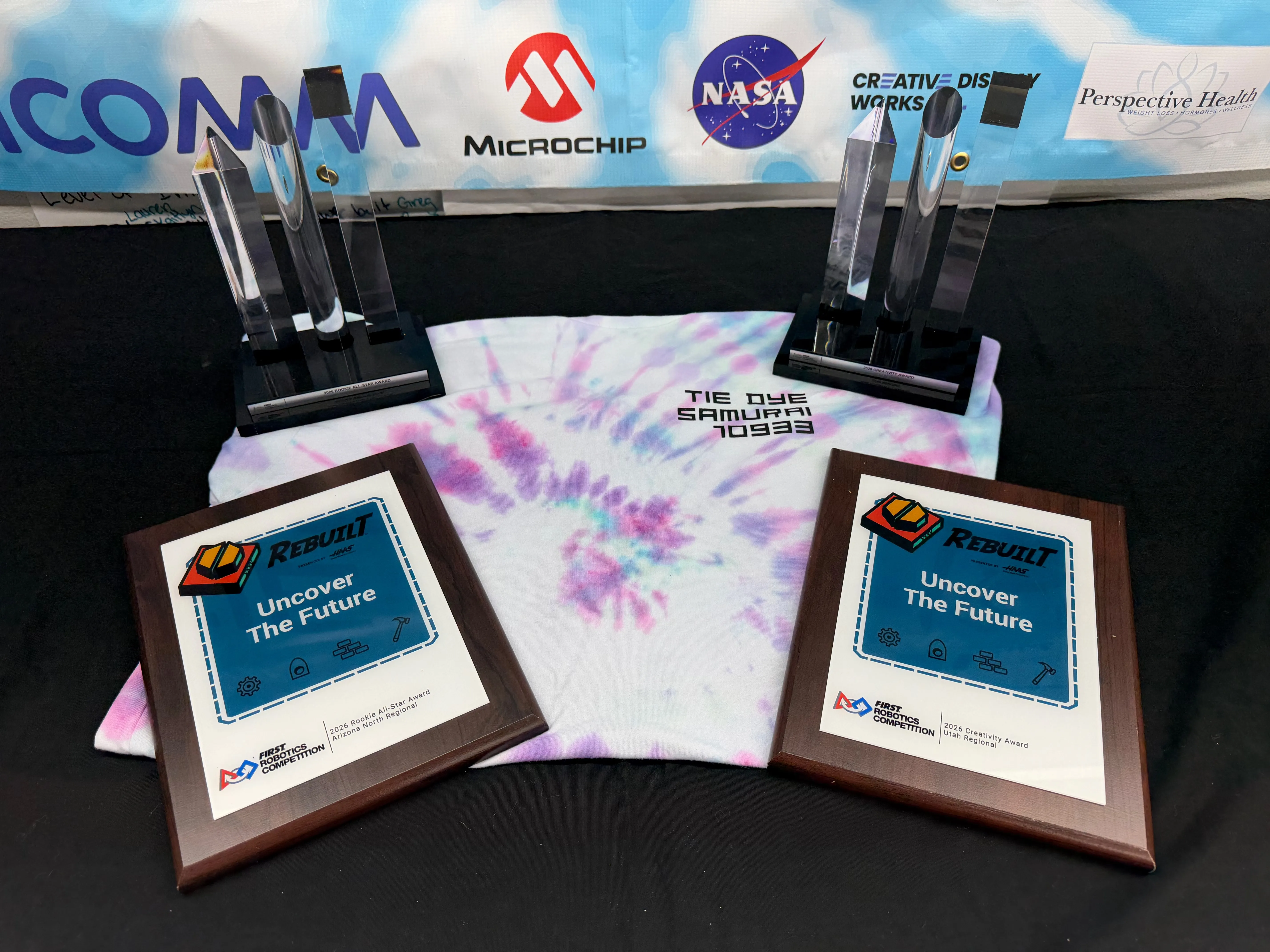 Team 10933's 2026 season awards - Rookie All-Star and Creativity Award trophies